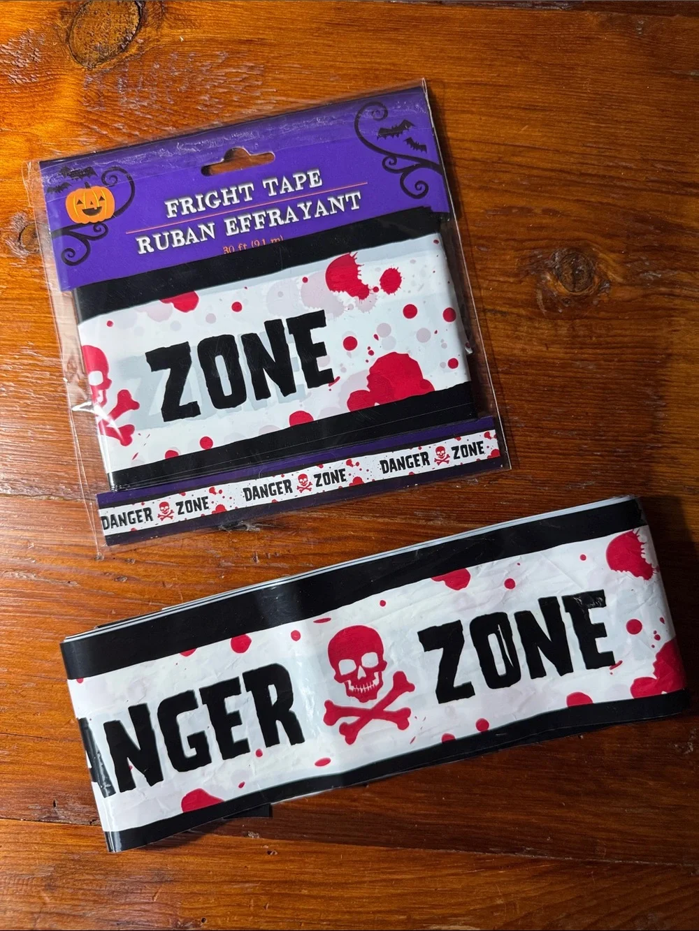 ☠️ 30’ Fright Tape 'Danger Zone' Party Tape - White with Red Splatter